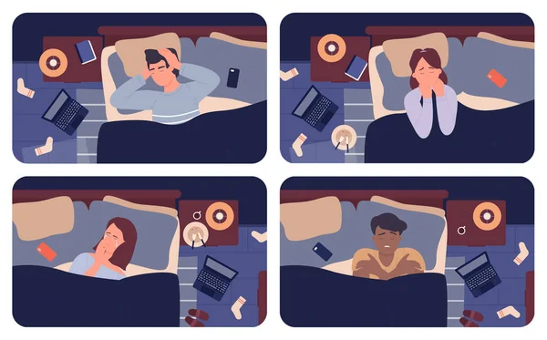 Müde Menschen mit Schlaflosigkeit und Depressionen in der Nacht, schlaflose Frau Mann lyin, weinend — Stockvektor