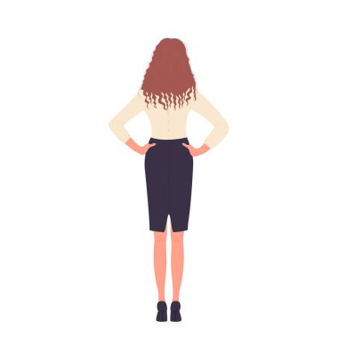 Eteğin arkası şık giyinmiş genç bayan.