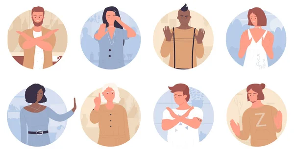 Personas con gesto de stop en conjunto avatar redondo, hombre y mujer mostrando posturas de negación — Archivo Imágenes Vectoriales