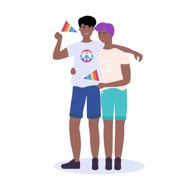 Homoseksueel koppel met regenboogvlaggen in handen — Stockvector