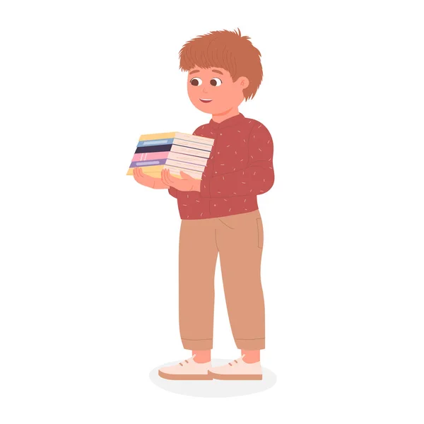 Carino sorridente ragazzo in possesso di una pila di libri — Vettoriale Stock