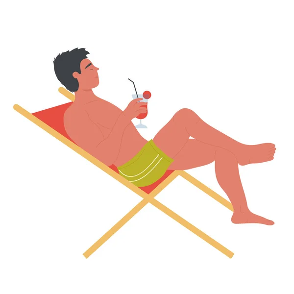 Chico relajado sentado en silla de playa con cóctel — Vector de stock