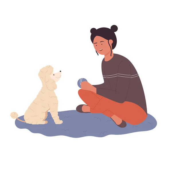 Heyecanlı kız köpeğiyle konuşuyor ve oynuyor. — Stok Vektör