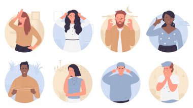 Yuvarlak avatar setindeki kızgın ve rahatsız insanlar, stres ve öfke hisseden kadın ve erkek.