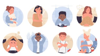 Üzgün çocuklar yuvarlak avatar setinde ağlar, üzgün erkek ve kız oyuncaklarla yalnız otururlar.