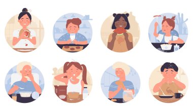 Çocuklar yuvarlak avatar setinde yemek yiyorlar, aç kızlar ve oğlanlar evde masada oturuyorlar.