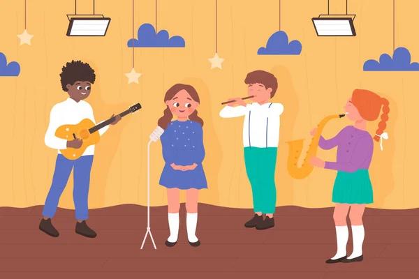 Crianças com instrumentos musicais tocam música acústica no concerto ou festa da escola — Vetor de Stock