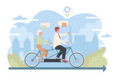 İkili bisiklete binen iş adamları, ırk eğitimi alan bir grup kadın ve erkek.