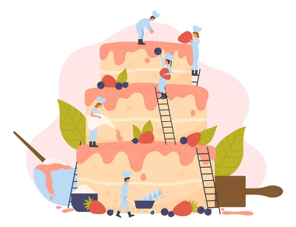 Pastel de cocina para vacaciones, fiesta de cumpleaños, equipo de pequeños chefs de pastelería de pie sobre escaleras — Vector de stock