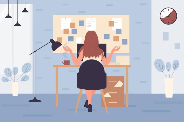 Meditatie van multitasking zakenvrouw in kalme houding, werknemer zit aan het bureau — Stockvector