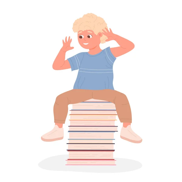 Blonde mignon petit garçon assis sur la pile de livres — Image vectorielle