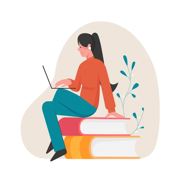 Seduto ragazza su libri pila lettura sul computer portatile — Vettoriale Stock