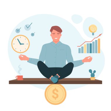 Erkek yönetim zamanı ve iş dengesi. Lotus 'ta oturan etkili erkek işçi verimliliği düz vektör çizimi