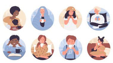 Mutlu kızlar ve oğlanlar sıcak çay içerler, yuvarlak avatar setinde süt, çikolata veya kakao ile