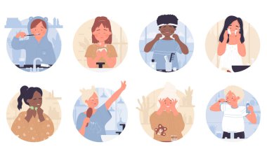 Çocuklar günlük hijyen, yuvarlak avatar seti, tatlı oğlan ve kız dişlerini fırçala, yıka, temiz yüz.