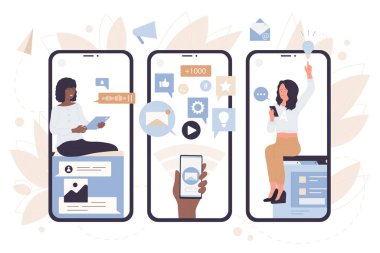Çevrimiçi sohbetler arkadaşlarıyla ekranlarda cep telefonları, haber baloncukları