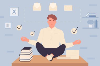 Yoga lotusunda meditasyon yapan iş adamı ya da öğrenci stres olmadan kitap yığınının yanında poz veriyor.