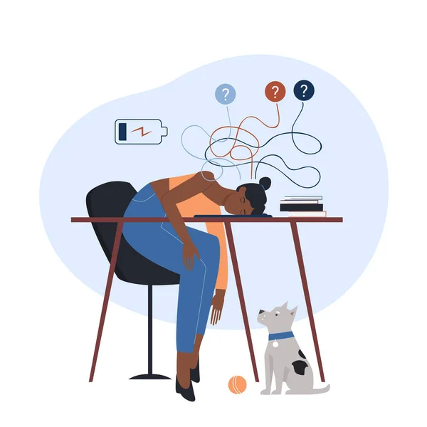 Pracovní vytrvalost a stres nemotivované vyčerpané osoby, smutná unavená žena sedící za stolem — Stockový vektor