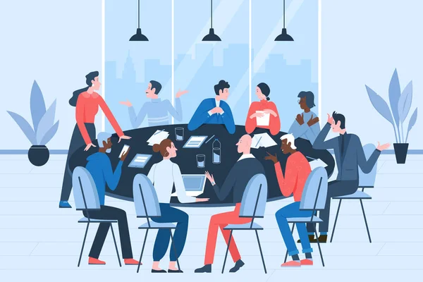 Cooperación de los empresarios en materia de conferencia o litigio, trabajadores sentados en la mesa redonda — Archivo Imágenes Vectoriales