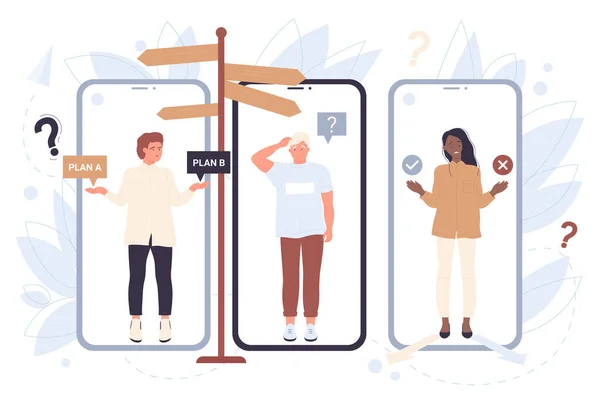 Personas que toman decisiones en pantallas de teléfonos móviles con señalización, pensando en la pregunta — Vector de stock