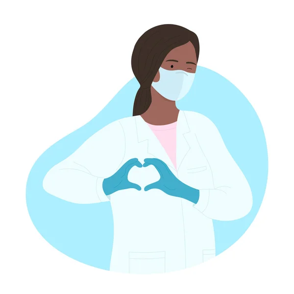Africano femmina medico indossare maschera e mostrando cuore — Vettoriale Stock