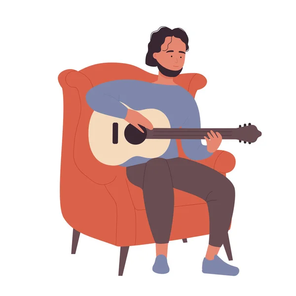 Hipster garçon assis dans le fauteuil et jouer de la guitare — Image vectorielle