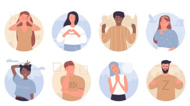 Komik yüzlü mutlu insanlar, yuvarlak avatar setinde tepkiler, kadın ve erkek portreleri.