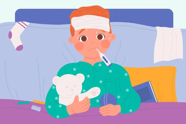 Хвора дитина з грипом, холодною і гарячкою лежить в ліжку вдома, сумний пацієнт з температурою — стоковий вектор