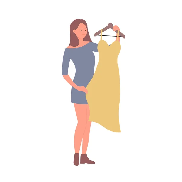 Jeune dame mignonne essayant une nouvelle robe à la mode — Image vectorielle