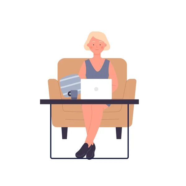 Remote home working woman in cozy armchair — Stock Vector
