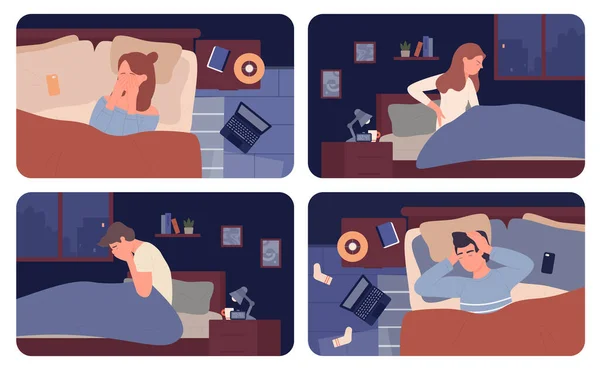 Schläfrig traurige Menschen mit Schlaflosigkeit in der Nacht untergegangen, nervöse Frau Mann im Bett liegend oder sitzend — Stockvektor