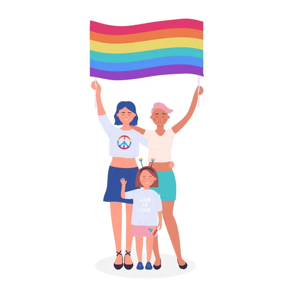 Coppia lesbica con bambino con bandiera arcobaleno — Vettoriale Stock