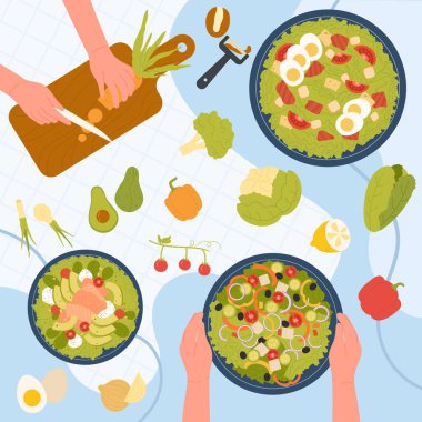 Vejetaryen garnitür tarifi, salata hazırlığı, sebze doğrayan şefin elleri.