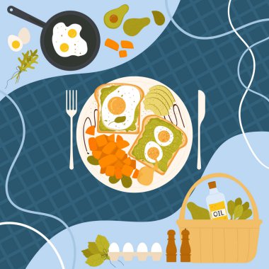 Yumurtalı avokado tostu, kahvaltı restoranı ya da kafe menüsü, ekmekli sandviç.