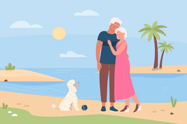 Coppia anziana con il loro cane che gioca sulla spiaggia — Vettoriale Stock