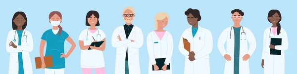 Équipe de médecins et d'infirmières debout ensemble, courageux travailleurs hospitaliers masculins et féminins — Image vectorielle
