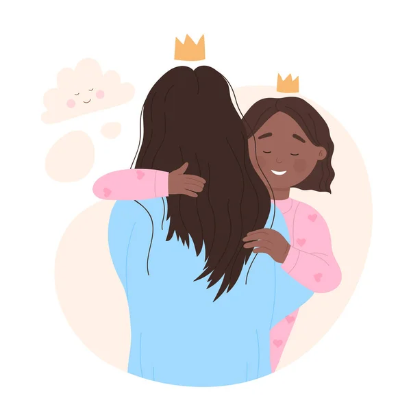 微笑的小女孩温暖地拥抱着她心爱的妈妈 — 图库矢量图片