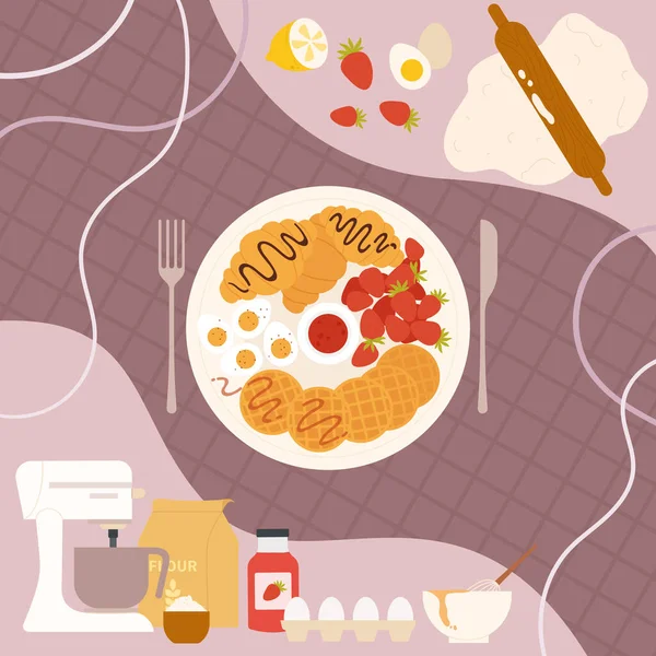 Sladké jídlo, ranní snídaně restaurace nebo kavárna menu, cereálie croissanty a vafle — Stockový vektor