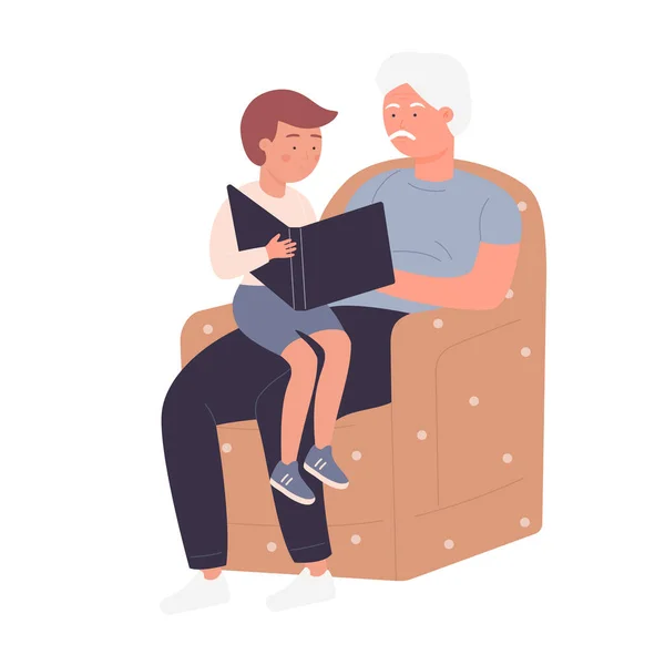 Дедушка с внуком читает книгу в уютном кресле — стоковый вектор