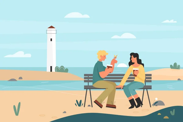 Romantický pár datování na mořské pláži krajina s majákem, milenci sedí na lavičce — Stockový vektor