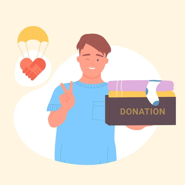 Mosolygós fiú egy jótékonysági adománygyűjtő dobozzal a kezében — Stock Vector