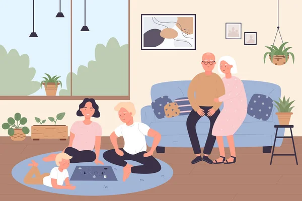 Velká rodinná sešlost doma, prarodiče sedící na gauči, otec, matka a dítě si hrají — Stockový vektor
