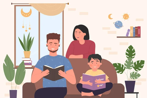 Щасливі сімейні люди читають сюжетні книги, сидячи на дивані в затишній домашній вітальні — стоковий вектор