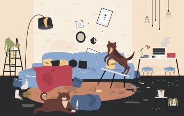 Yaramaz köpekler birlikte oturma odasında oynuyorlar, yaramaz hayvanlar zıplıyor, kanepe minderini yırtıyorlar.