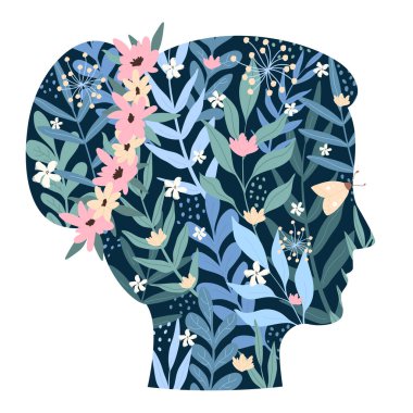 Bahçeden bahar çiçekleri, kelebekler ve soyut kızların kafasında yapraklar. İyileştirici fikirleri ve pozitif düşünce düz vektör çizimi olan genç bir karikatür. Ekoloji, akıl sağlığı kavramı