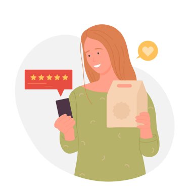 Mutlu bayan müşteri olumlu geri bildirim yapıyor