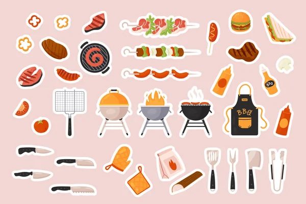 Grill grill ételmatrica készlet a közösségi média chat vagy sms, barbecue, kebab menü enni — Stock Vector