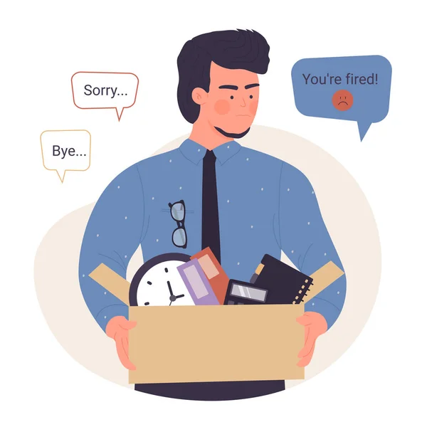 Desempregado demitido trabalhador de escritório segurando caixa com coisas, empregado triste com bolha de texto — Vetor de Stock