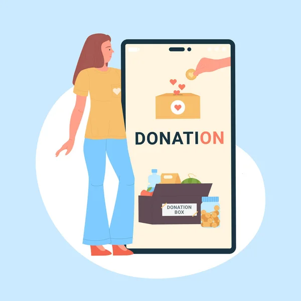 Nő adományoz online keresztül mobil alkalmazás, apró önkéntes áll mobiltelefon mellett — Stock Vector