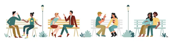 一对浪漫的夫妇坐在城市公园的长椅上，谈天说地，一对恋人或朋友 — 图库矢量图片
